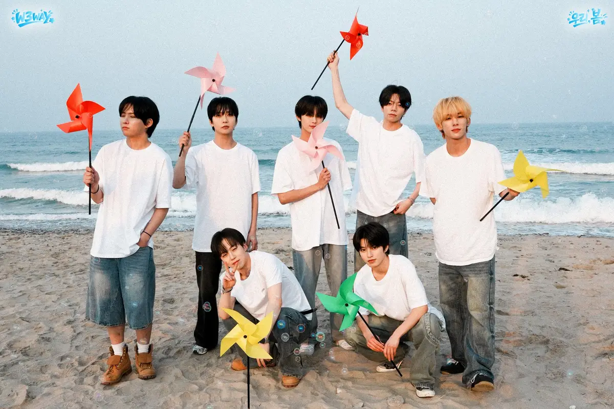 W3WAY members are Xiho, Donghyun, Hyecheon, Ryo, Aoi, Wooseok, and Rintaro.